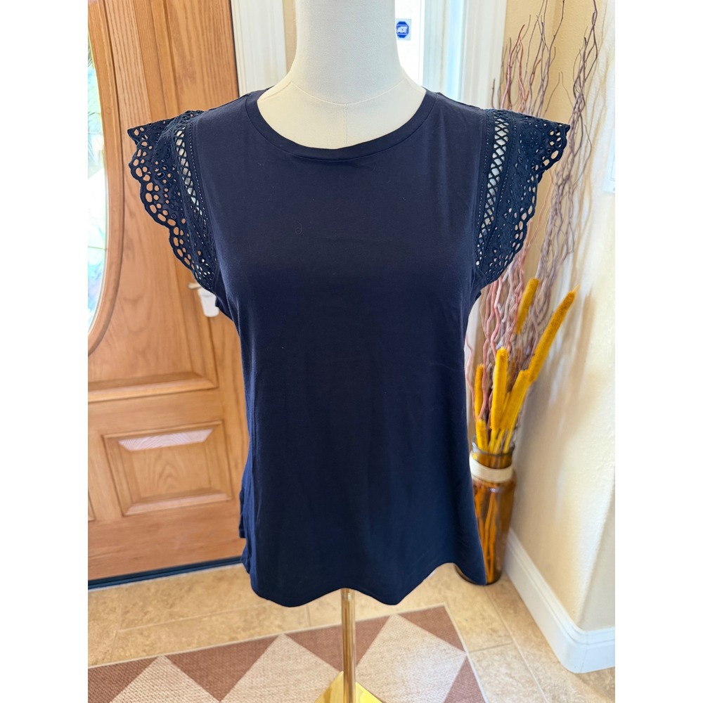 Loft Navy Blue Eyelet Flutter Sleeve Knit Top Crew Neck Small NWT